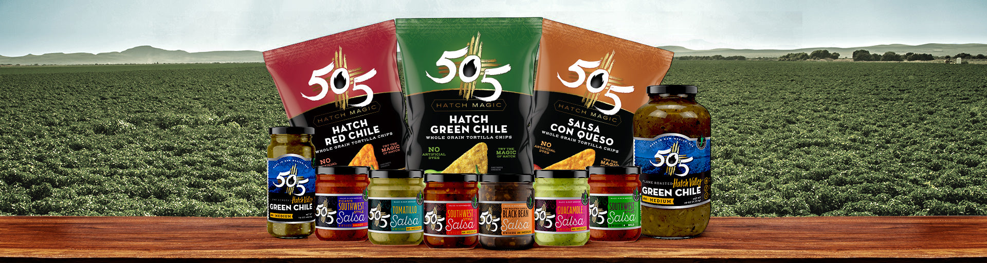 Photo of 505 Southwestern chips and salsas on a wooden table