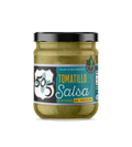 A jar of 505 Tomatillo Salsa with a label indicating it is a medium heat salsa. The jar is sealed with a black lid.