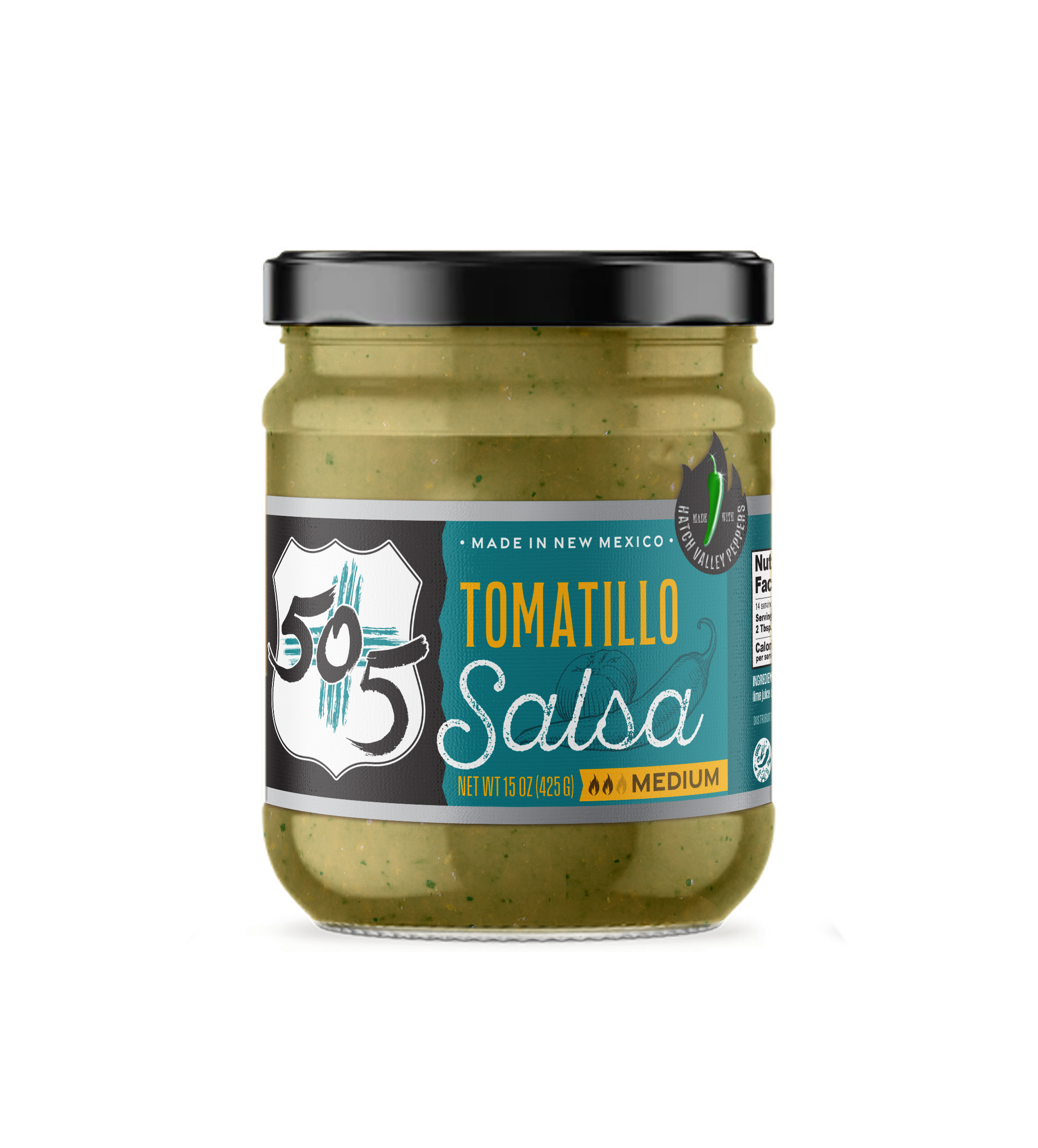 A jar of 505 Tomatillo Salsa with a label indicating it is a medium heat salsa. The jar is sealed with a black lid.