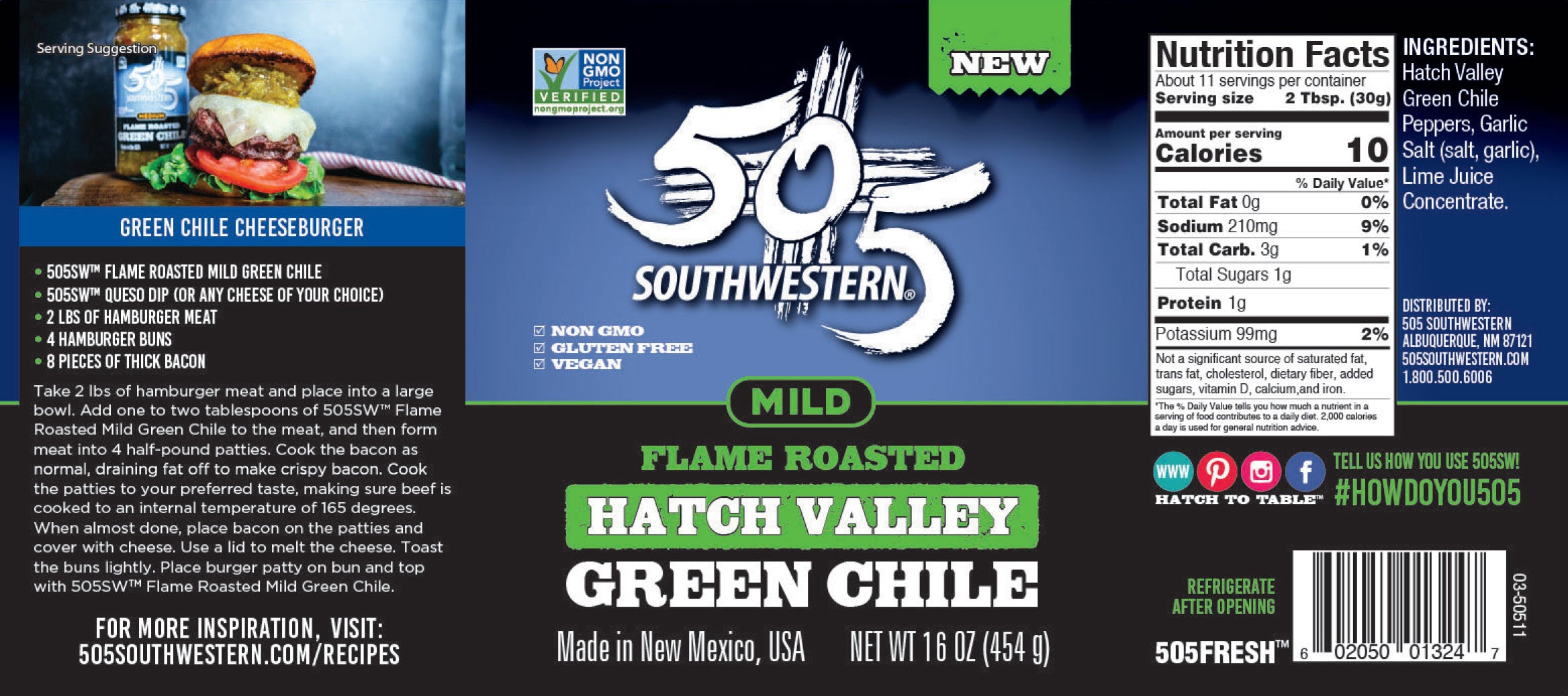 505SW™ Hatch Valley Roasted Green Chile 16OZ – Mild - 6 Pack Case