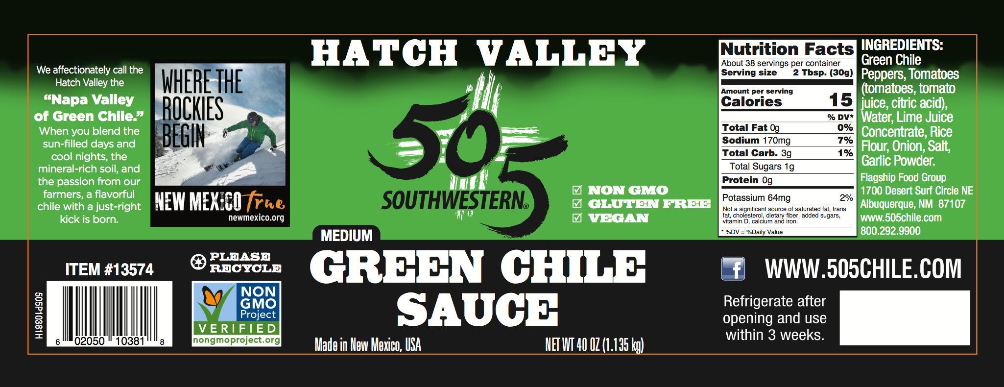 505SW™ Hatch Valley Green Chile Sauce 40 oz - MEDIUM - 4 Pack Case